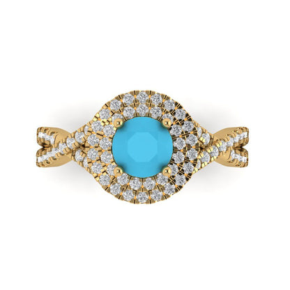 1.3125 cttw Simulated Turquoise Hidden Halo Engagement Ring - Solid Gold (Round Cut,6mm)