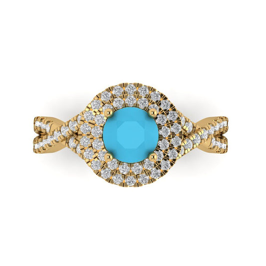 1.3125 cttw Simulated Turquoise Hidden Halo Engagement Ring - Solid Yellow Gold (VVS1, Round Cut,6mm)