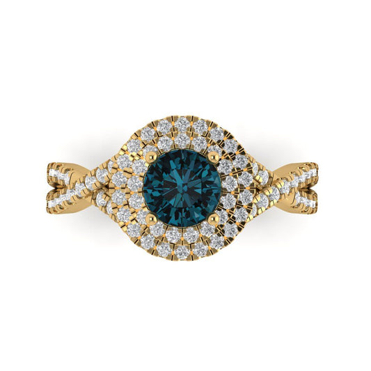 1.3125 cttw Natural London Blue Topaz Hidden Halo Engagement Ring - Solid Yellow Gold (VVS1, Round Cut,6mm)