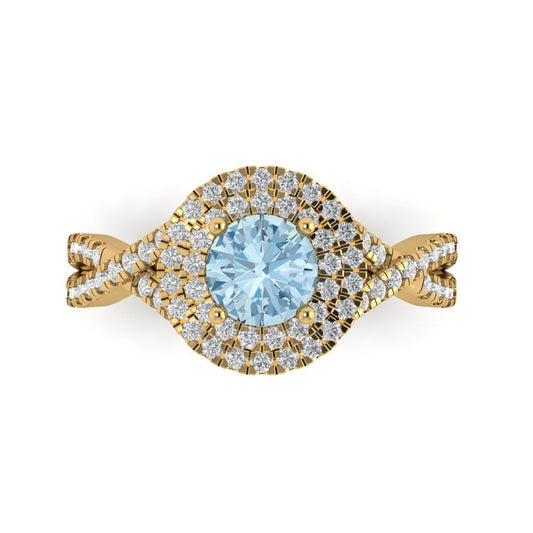 1.3125 cttw Zirconia Simulated Blue Diamond Hidden Halo Engagement Ring - Solid Yellow Gold (VVS1, Round Cut,6mm)