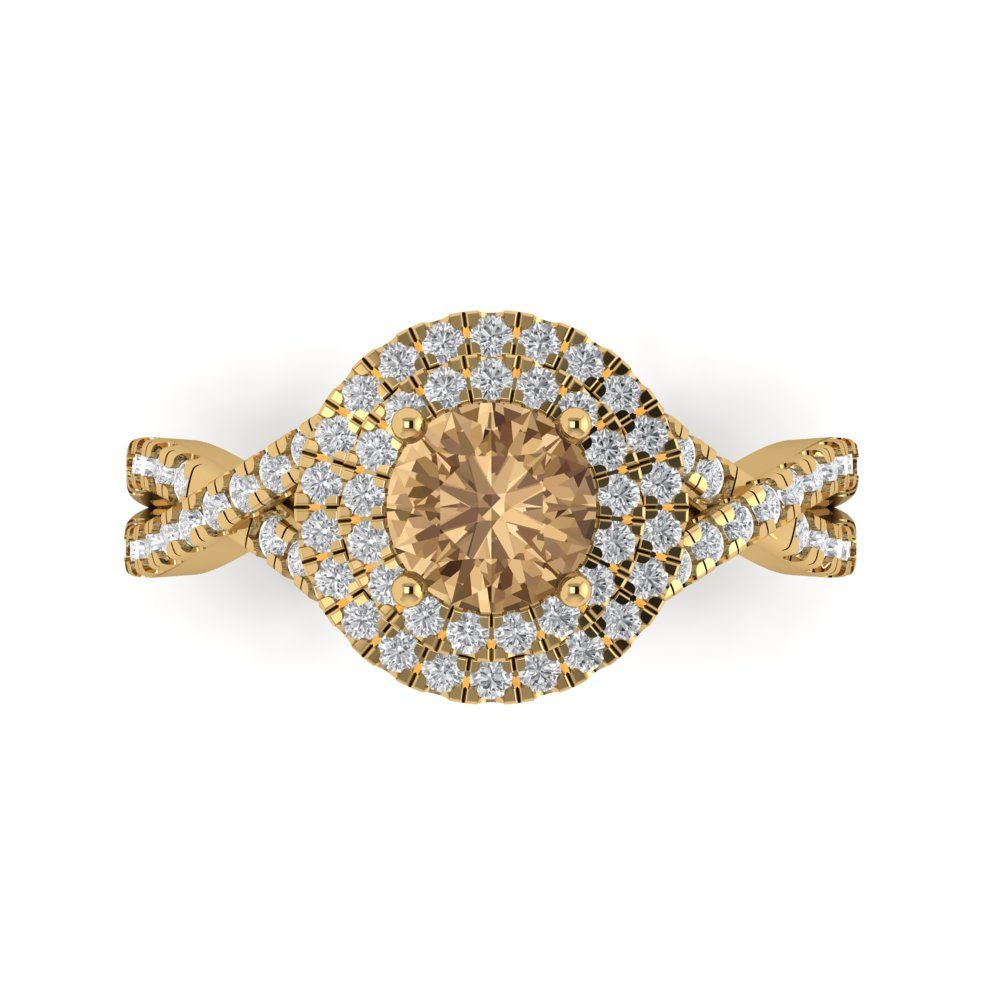 1.3125 cttw Zirconia Simulated Champagne Diamond Hidden Halo Engagement Ring - Solid Gold (VVS1, Round Cut,6mm)