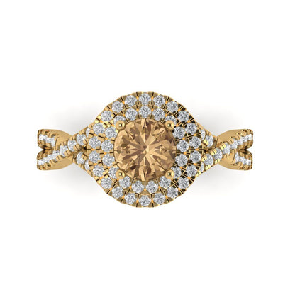 1.3125 cttw Zirconia Simulated Champagne Diamond Hidden Halo Engagement Ring - Solid Gold (VVS1, Round Cut,6mm)