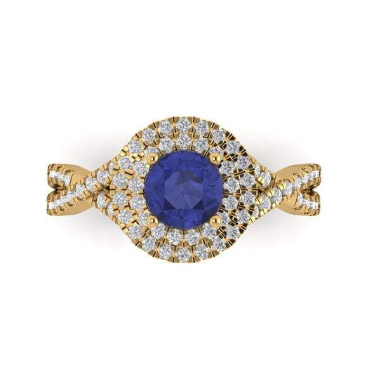 1.3125 cttw Simulated Tanzanite Hidden Halo Engagement Ring - Solid Yellow Gold (VVS1, Round Cut,6mm)