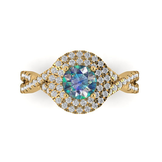 1.3125 cttw Blue Moissanite Hidden Halo Engagement Ring - Solid Yellow Gold (VVS1, Round Cut,6mm)