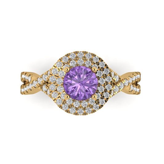1.3125 cttw Simulated Alexandrite Hidden Halo Engagement Ring - Solid Yellow Gold (VVS1, Round Cut,6mm)