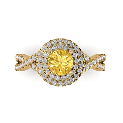 1.3125 cttw Zirconia Simulated Yellow Diamond Hidden Halo Engagement Ring - Solid Gold (VVS1, Round Cut,6mm)