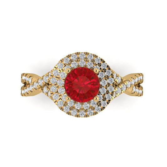 1.3125 cttw Simulated Ruby Hidden Halo Engagement Ring - Solid Yellow Gold (VVS1, Round Cut,6mm)