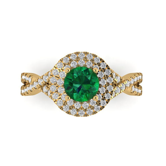 1.3125 cttw Simulated Emerald Hidden Halo Engagement Ring - Solid Yellow Gold (VVS1, Round Cut,6mm)