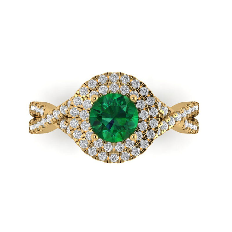 1.3 ct Brilliant Round Cut Simulated Emerald Stone Yellow Gold Halo Solitaire with Accents Ring