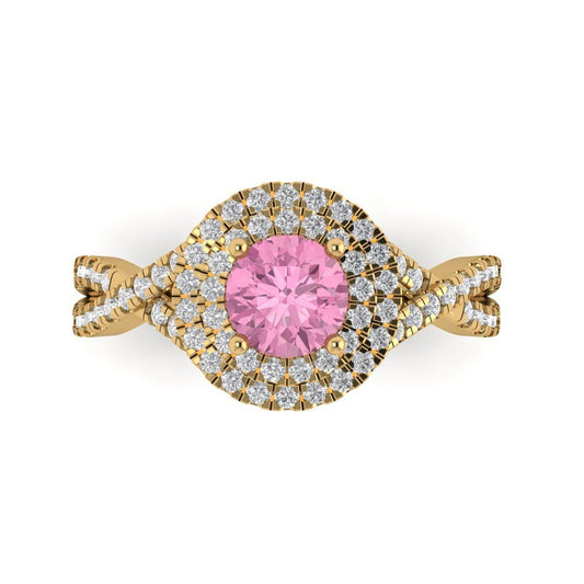 1.3125 cttw Zirconia Simulated Pink Diamond Hidden Halo Engagement Ring - Solid Yellow Gold (VVS1, Round Cut,6mm)
