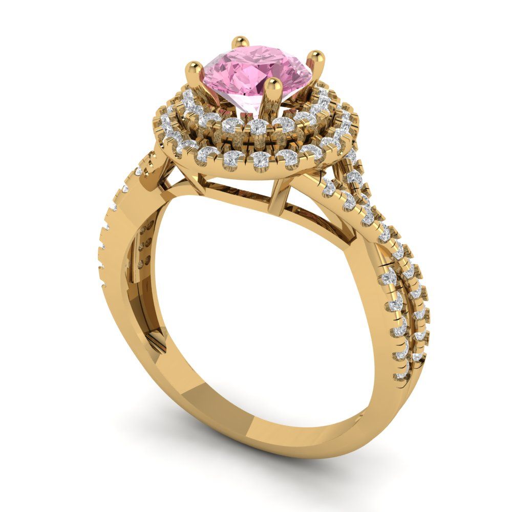 1.3125 cttw Zirconia Simulated Pink Diamond Hidden Halo Engagement Ring - Solid Gold (VVS1, Round Cut,6mm)