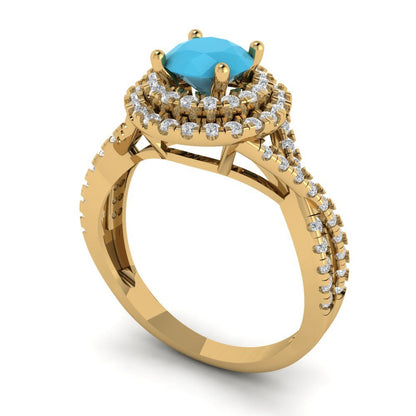 1.3125 cttw Simulated Turquoise Hidden Halo Engagement Ring - Solid Gold (Round Cut,6mm)