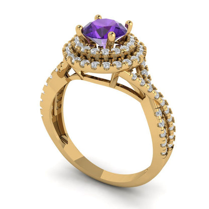 1.3125 cttw Natural Amethyst Hidden Halo Engagement Ring - Solid Gold (Round Cut,6mm)