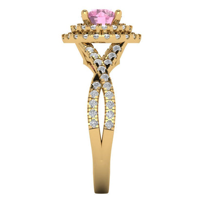 1.3125 cttw Zirconia Simulated Pink Diamond Hidden Halo Engagement Ring - Solid Gold (VVS1, Round Cut,6mm)