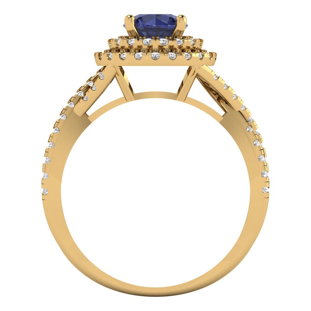 1.3125 cttw Simulated Blue Sapphire Hidden Halo Engagement Ring - Solid Gold (Round Cut,6mm)