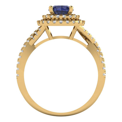 1.3125 cttw Simulated Blue Sapphire Hidden Halo Engagement Ring - Solid Gold (Round Cut,6mm)