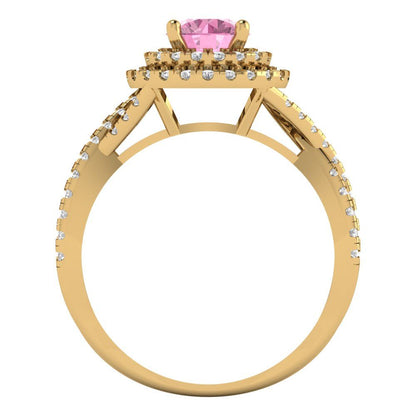 1.3125 cttw Zirconia Simulated Pink Diamond Hidden Halo Engagement Ring - Solid Gold (VVS1, Round Cut,6mm)