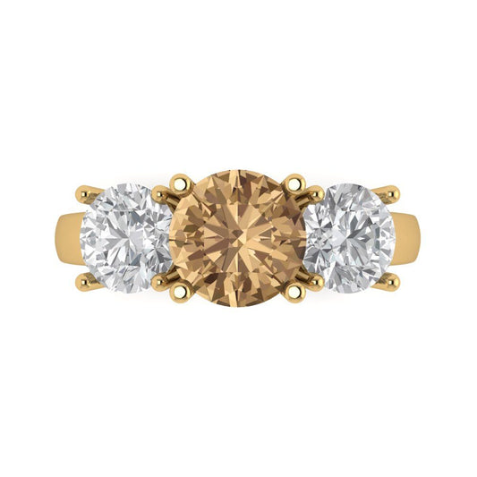 3 cttw Zirconia Simulated Champagne Diamond Three-Stone Engagement Ring - Solid Yellow Gold (VVS1, Round Cut,7.5mm)