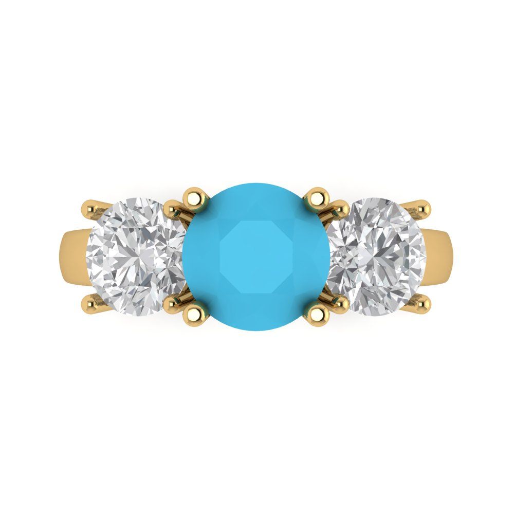3 cttw Simulated Turquoise Three-Stone Engagement Ring - Solid Gold (Round Cut,7.5mm)