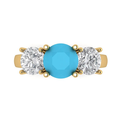 3 cttw Simulated Turquoise Three-Stone Engagement Ring - Solid Gold (Round Cut,7.5mm)