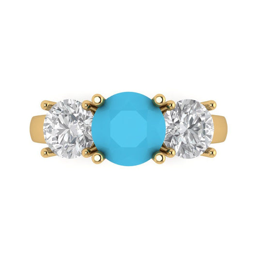 3 cttw Simulated Turquoise Three-Stone Engagement Ring - Solid Yellow Gold (VVS1, Round Cut,7.5mm)