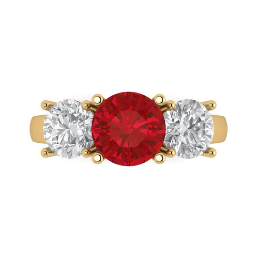 3 cttw Simulated Ruby Three-Stone Engagement Ring - Solid Yellow Gold (VVS1, Round Cut,7.5mm)