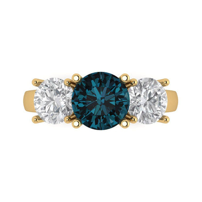 3 cttw Natural London Blue Topaz Three-Stone Engagement Ring - Solid Gold (Round Cut,7.5mm)
