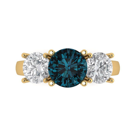 3 cttw Natural London Blue Topaz Three-Stone Engagement Ring - Solid Yellow Gold (VVS1, Round Cut,7.5mm)
