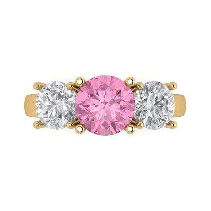 3 cttw Zirconia Simulated Pink Diamond Three-Stone Engagement Ring - Solid Gold (VVS1, Round Cut,7.5mm)