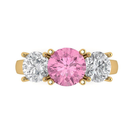 3 cttw Zirconia Simulated Pink Diamond Three-Stone Engagement Ring - Solid Yellow Gold (VVS1, Round Cut,7.5mm)