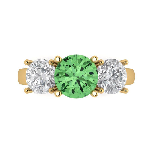 3 cttw Zirconia Simulated Green Diamond Three-Stone Engagement Ring - Solid Yellow Gold (VVS1, Round Cut,7.5mm)