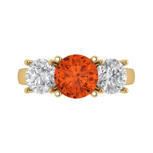 3 cttw Zirconia Simulated Red Diamond Three-Stone Engagement Ring - Solid Yellow Gold (VVS1, Round Cut,7.5mm)