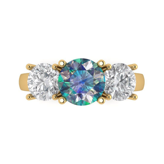 3 cttw Blue Moissanite Three-Stone Engagement Ring - Solid Yellow Gold (VVS1, Round Cut,7.5mm)