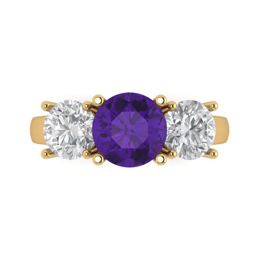 3 cttw Natural Amethyst Three-Stone Engagement Ring - Solid Yellow Gold (VVS1, Round Cut,7.5mm)