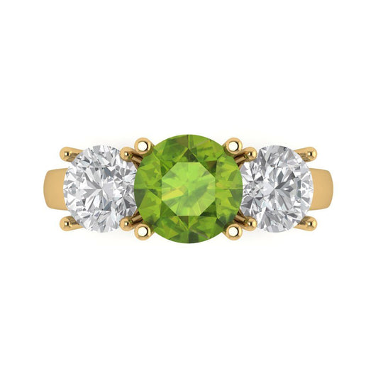 3 cttw Natural Peridot Three-Stone Engagement Ring - Solid Yellow Gold (VVS1, Round Cut,7.5mm)