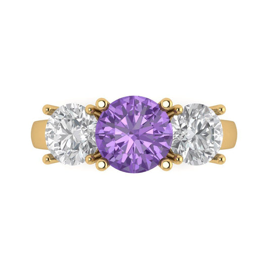 3 cttw Simulated Alexandrite Three-Stone Engagement Ring - Solid Yellow Gold (VVS1, Round Cut,7.5mm)