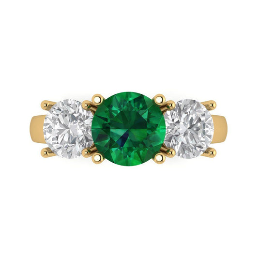 3 cttw Simulated Emerald Three-Stone Engagement Ring - Solid Yellow Gold (VVS1, Round Cut,7.5mm)
