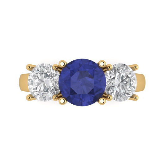 3 cttw Simulated Tanzanite Three-Stone Engagement Ring - Solid Yellow Gold (VVS1, Round Cut,7.5mm)
