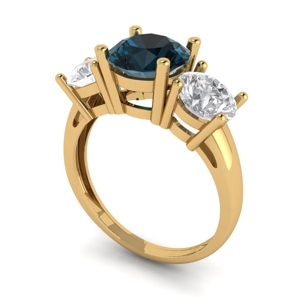 3 cttw Natural London Blue Topaz Three-Stone Engagement Ring - Solid Gold (Round Cut,7.5mm)