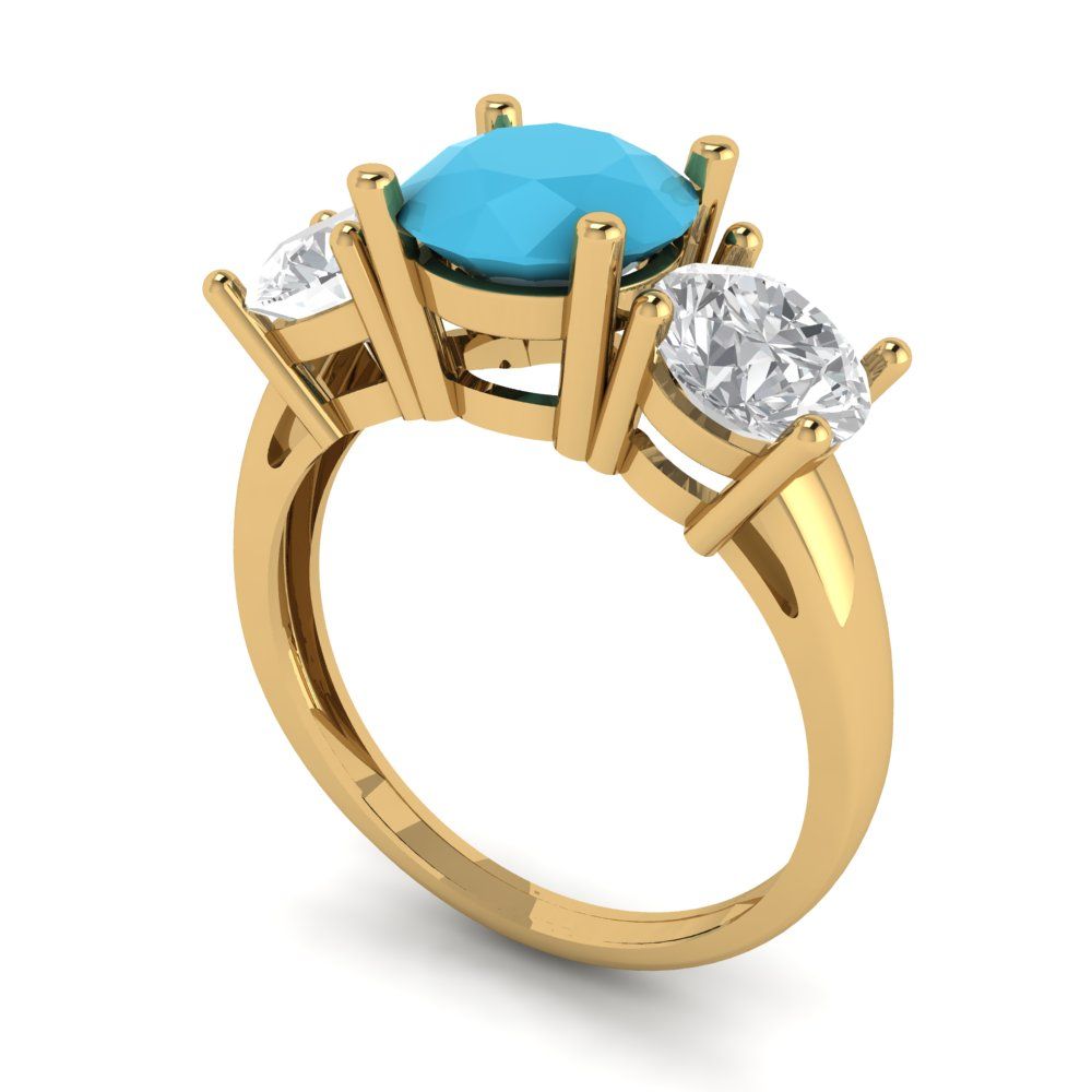 3 cttw Simulated Turquoise Three-Stone Engagement Ring - Solid Gold (Round Cut,7.5mm)
