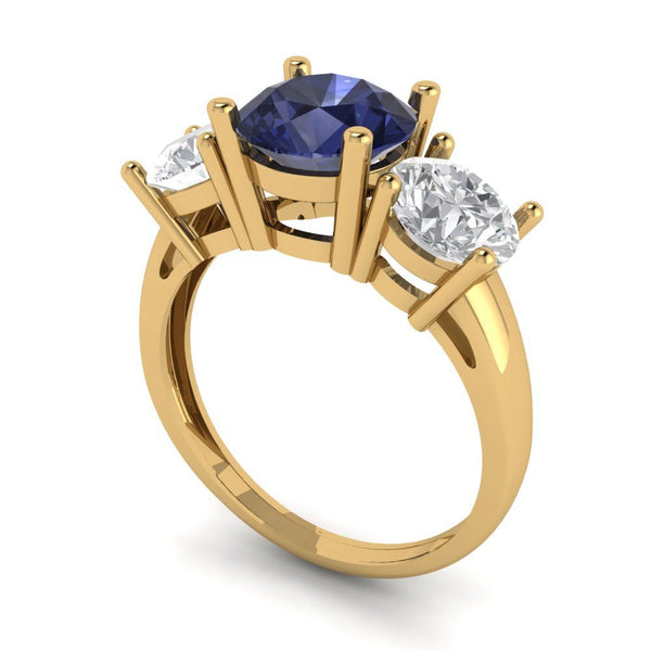 3.25 ct Brilliant Round Cut Simulated Blue Sapphire Stone Yellow Gold Three-Stone Ring