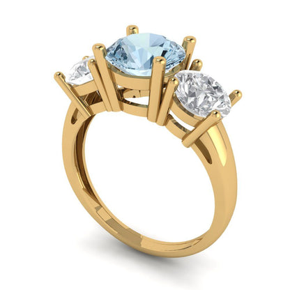 3 cttw Natural Aquamarine Three-Stone Engagement Ring - Solid Gold (Round Cut,7.5mm)