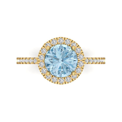 1.8 cttw Natural Aquamarine Hidden Halo Engagement Ring - Solid Gold (Round Cut,7.5mm)