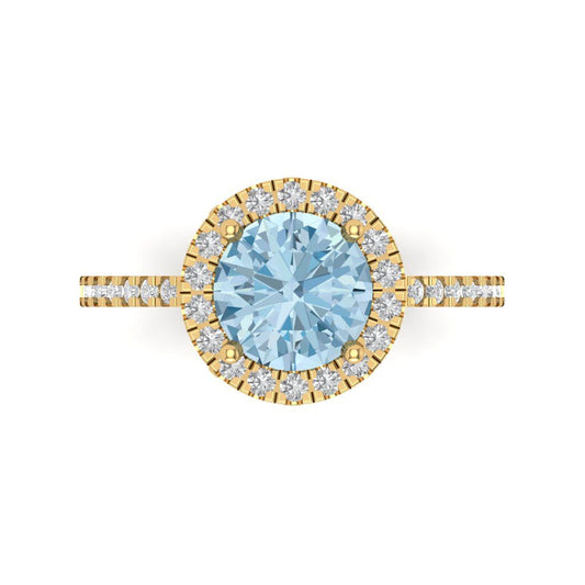 1.8 cttw Natural Aquamarine Hidden Halo Engagement Ring - Solid Yellow Gold (VVS1, Round Cut,7.5mm)