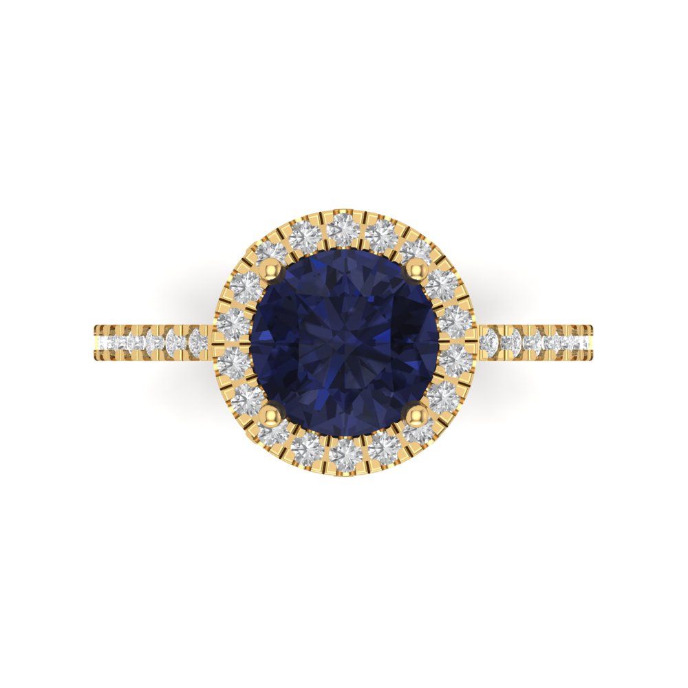 1.8 cttw Simulated Blue Sapphire Hidden Halo Engagement Ring - Solid Gold (Round Cut,7.5mm)