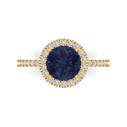 1.8 cttw Simulated Blue Sapphire Hidden Halo Engagement Ring - Solid Gold (Round Cut,7.5mm)