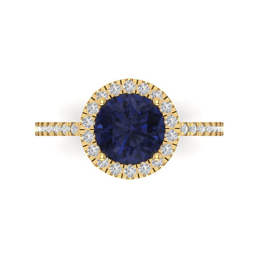 1.8 cttw Simulated Blue Sapphire Hidden Halo Engagement Ring - Solid Yellow Gold (VVS1, Round Cut,7.5mm)