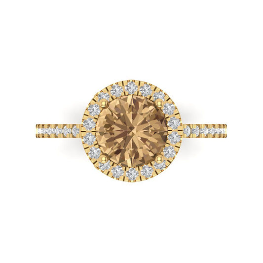 1.8 cttw Zirconia Simulated Champagne Diamond Hidden Halo Engagement Ring - Solid Yellow Gold (VVS1, Round Cut,7.5mm)