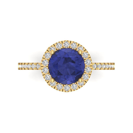 1.8 cttw Simulated Tanzanite Hidden Halo Engagement Ring - Solid Yellow Gold (VVS1, Round Cut,7.5mm)