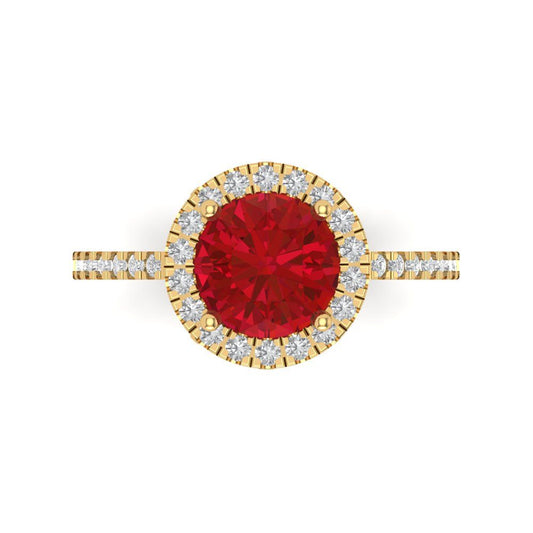 1.8 cttw Simulated Ruby Hidden Halo Engagement Ring - Solid Yellow Gold (VVS1, Round Cut,7.5mm)
